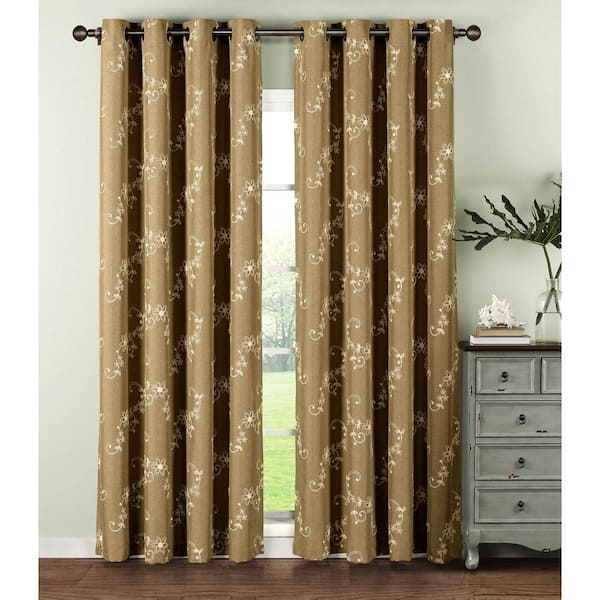 Window Elements Semi-Opaque Ashley Embroidered Faux Linen Extra Wide 84 in. L Grommet Curtain Panel Pair, Natural (Set of 2)