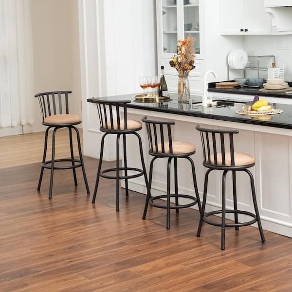 Pistil 24/29 in. Brown Cushioned Slat Back Adjustable Height Metal Frame Bar Stools with Faux Leather Seat (Set of 1)