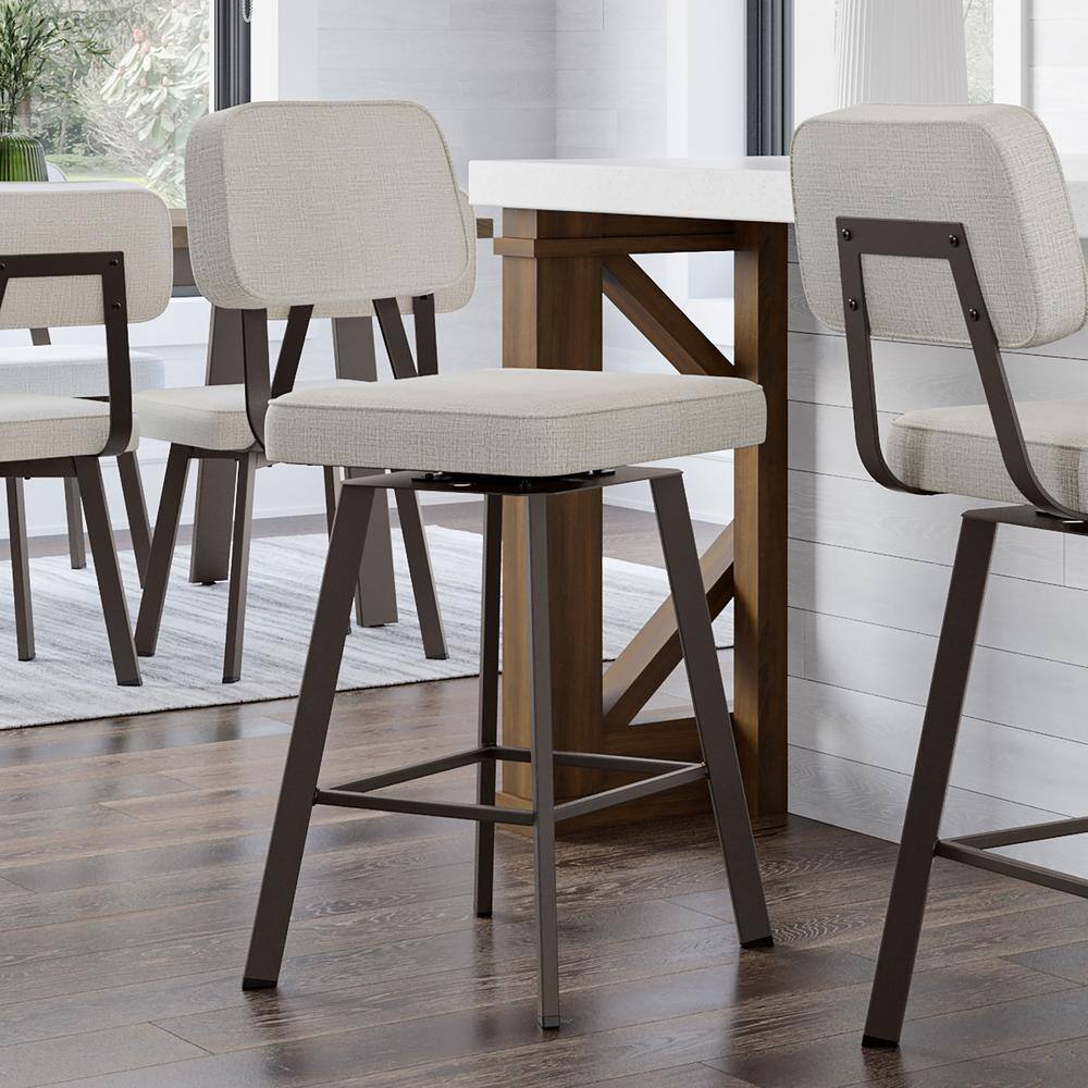 Amisco Clarkson Pale Gray Upholstered Swivel Bar Stool with Dark Brown Metal Base