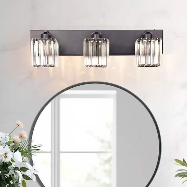 Series 24 in. 3-Light Black LED Vanity Light Bar with Square Crystal and 3CCT Function