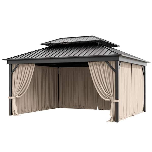 12 ft. x 14 ft. Universal Outdoor Privacy Curtains, Gazebo Replacement with Zipper Khaki (4-Side Curtain Only)
