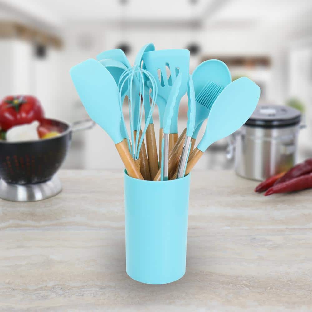 MegaChef Light Teal Silicone and Wood 12-Piece Cooking Utensil Set