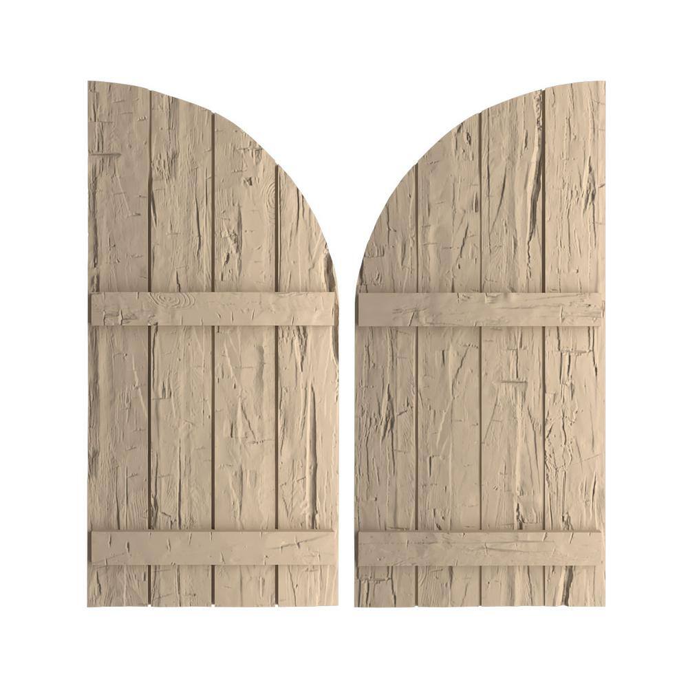 22 in. x 78 in. Polyurethane Hand Hewn Four Board Joined Board-n-Batten Round Arch Top Shutters, Primed Tan