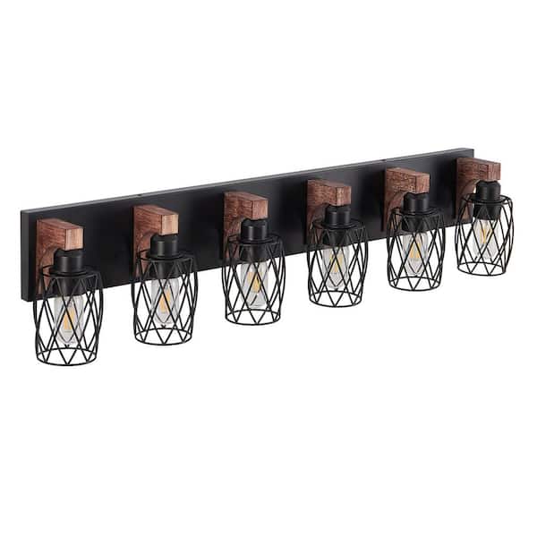 38 in. 6-Light Black Vanity Light with Wood Accents and Drum Metal Cage Shade