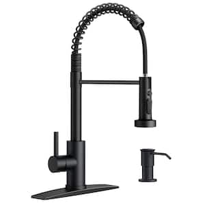 Single Handle Spring Gooseneck Pull Down Sprayer Kitchen Faucet with Soap Dispenser 360° Swivel Spout in Matte Black