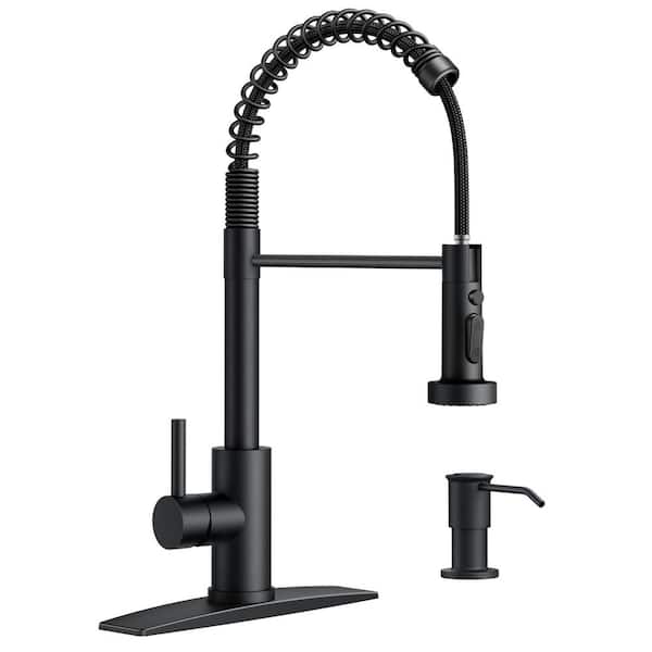 androme Single Handle Spring Gooseneck Pull Down Sprayer Kitchen Faucet with Soap Dispenser 360° Swivel Spout in Matte Black