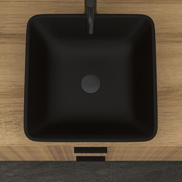 16.4 in. Vessel Square Bathroom Sink with Faucet and Pop-up Drain in Matte Black Tempered Glass