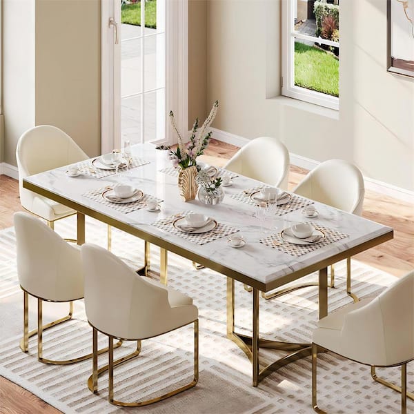 79 in Modern Rectangular White Faux Marble Dining Table with Metal X-Base
