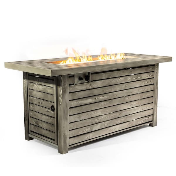 Mondawe Beige 54 in. Rectangular 50000 BTU Wood Grain Metal Propane Outdoor Fire Pit Table with Lid and Lava Rocks