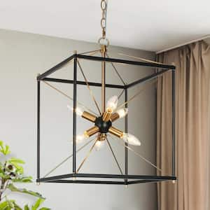 Modern Farmhouse 6-Light Black Square Caged Chandelier, 14 in. Brass Sputnik DIY Pendant Hanging Light for Dining Room