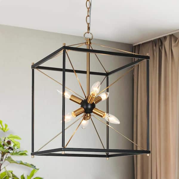 Zevni Modern Farmhouse 6-Light Black Square Caged Chandelier, 14 in. Brass Sputnik DIY Pendant Hanging Light for Dining Room