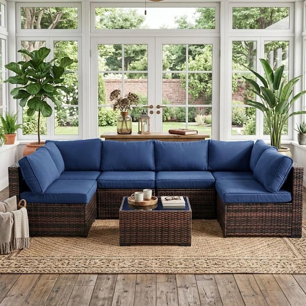 Decksplore 7-Piece Wicker Weather Resistant Outdoor Furniture Set with Dark Blue Thick Cushions and Coffee Table