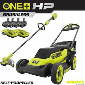ONE+ 18V HP Brushless Whisper Series 20" Battery Self-Propelled Dual Blade Walk Behind Mower/Trimmer/Batteries/Chargers