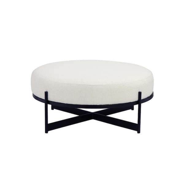 Benjara 11.1 in. White and Black Low Back Wooden Ottoman Stool with Fabric Seat