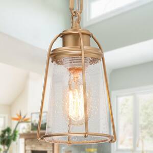 Modern Gold Kitchen Island Hanging light, 1-Light Cage Dinning Room Mini Pendant Light with Seeded Glass Shade