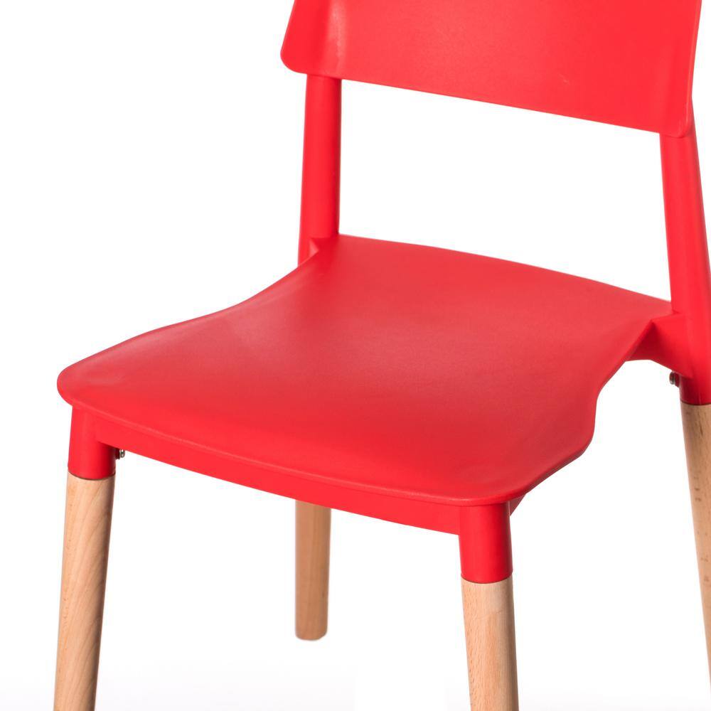 Modern Red Plastic Side Chair with Beech Wood Legs