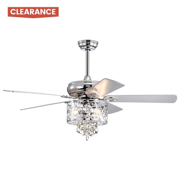 BANSA ROSE 52 in. Indoor/Outdoor Silver Ceiling Fan Light with Remote, LED Crystal Pendant Downrod, and Reversible Motor