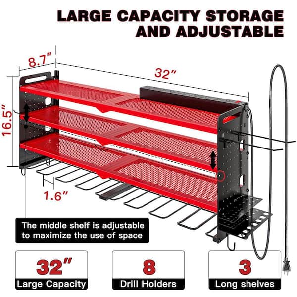 31.5 in. Red Steel 4-Tier Power Tool Organizer Wall Mount Tool Storage Rack Workbench 1-Pack.