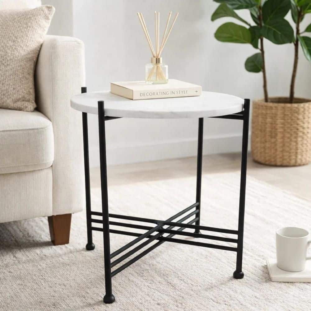 Azik 16 in. Black Round White Marble-Look Glass Top Accent End Table with Iron Base price history on PriceWatchPro