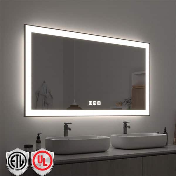 84 in. W x 32 in. H Rectangular Framed LED Anti-Fog Wall Mirror in Black with Backlit and Front Light