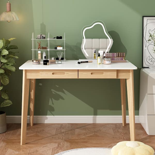 FUFU&GAGA 1-Piece White Wooden Makeup Vanity, Vanity Table, Dressing Desk with 2 Drawers, 39.4 in. W x 21.7 in. D x 29.5 in. H