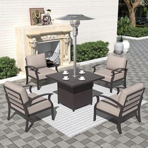 5-Piece Aluminum Patio Conversation Set with Armrest, 45000-BTU Stainless Steel Burner Square Table and Cushion Sand