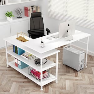 Lanita 47.2 in. Rotating White L-Shaped Desk Corner Computer Desk Writing Table with Open Storage Shelves
