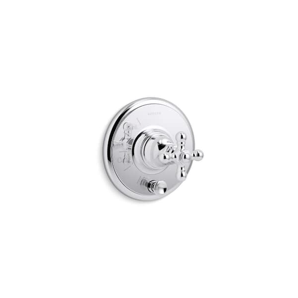 KOHLER Artifacts Rite-Temp valve trim with push-button diverter and cross handle, valve not included in Vibrant Brushed Nickel