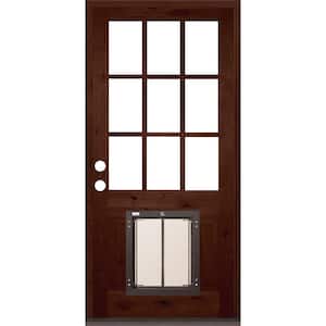 36 in. x 80 in. Right-Hand 9 Lite Clear Glass Red Mahogany Stained Wood Prehung Door with Large Dog Door