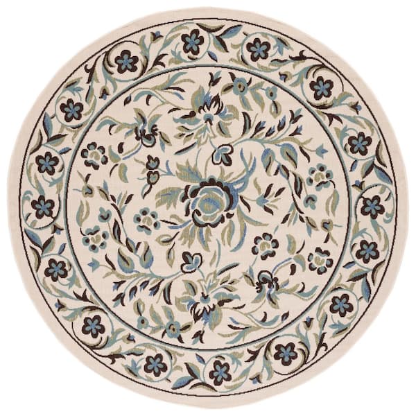Veranda Cream/Green 7 ft. x 7 ft. Ornate Floral Border Indoor/Outdoor Round Area Rug