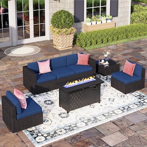 Dark Brown Rattan Wicker 5 Seat 7-Piece Steel Outdoor Fire Pit Patio Set with Blue Cushions, Rectangular Fire Pit Table