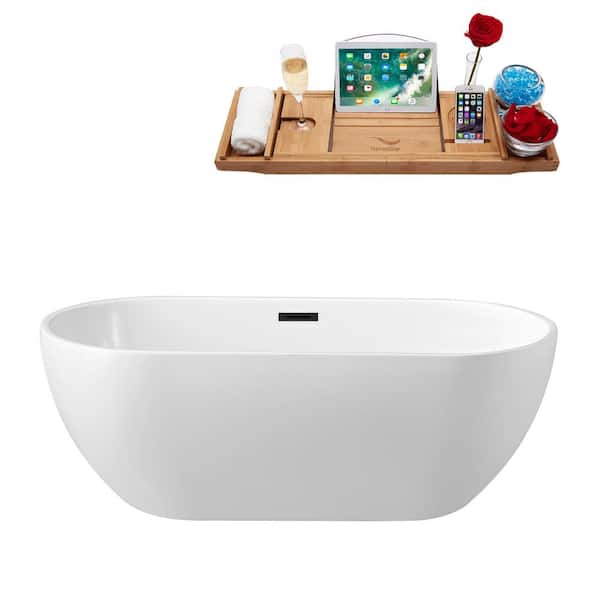 Streamline 59 in. Acrylic Flatbottom Non-Whirlpool Bathtub in Glossy White with Matte Black Drain and Overflow Cover