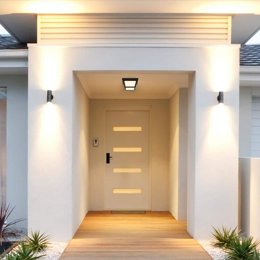 Black Geometric LED Outdoor Ceiling Light with Frosted Glass