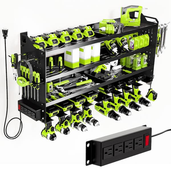 33.46 in. Black Steel 4-Tier Power Tool Organizer Wall Mount Tool Storage Rack Workbench with Side Pegboards (1-Pack)