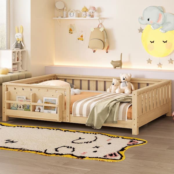 Light Natural Full Size Pine Wood Low Platform Bed with Safety Guardrails and Built-in Bookshelf