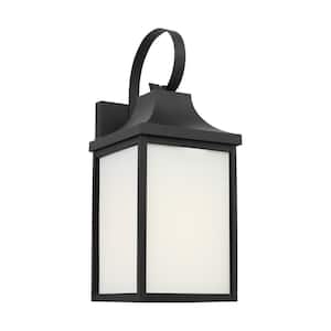 Saybrook 17.25 in. Textured Black Outdoor Hardwired Medium Wall Lantern Sconce with Glass Shade and No Bulbs Included