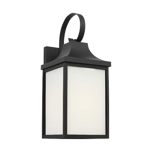 Generation Lighting Saybrook 17.25 in. Textured Black Outdoor Hardwired Medium Wall Lantern Sconce with Glass Shade and No Bulbs Included