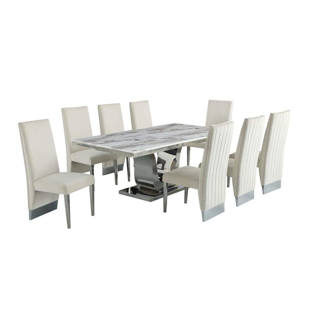 Silver Stainless Steel 9 Piece Dining Set with Marble Table and Cream Velvet Chairs