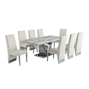 Ada 9-Piece White Marble Top With Stainless Steel Base Table Set With 8 Cream Velvet, Nail Head Trim Chairs