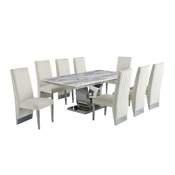 Best Quality Furniture Ada 9-Piece White Marble Top With Stainless Steel Base Table Set With 8 Cream Velvet, Nail Head Trim Chairs