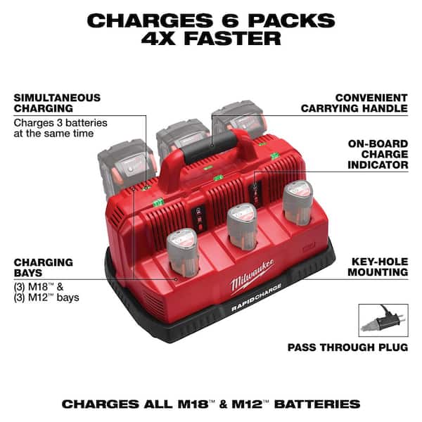 Milwaukee - M12 and M18 12-Volt/18-Volt Lithium-Ion Multi-Voltage 6-Port Sequential Rapid Battery Charger (3 M12 and 3 M18 Ports)