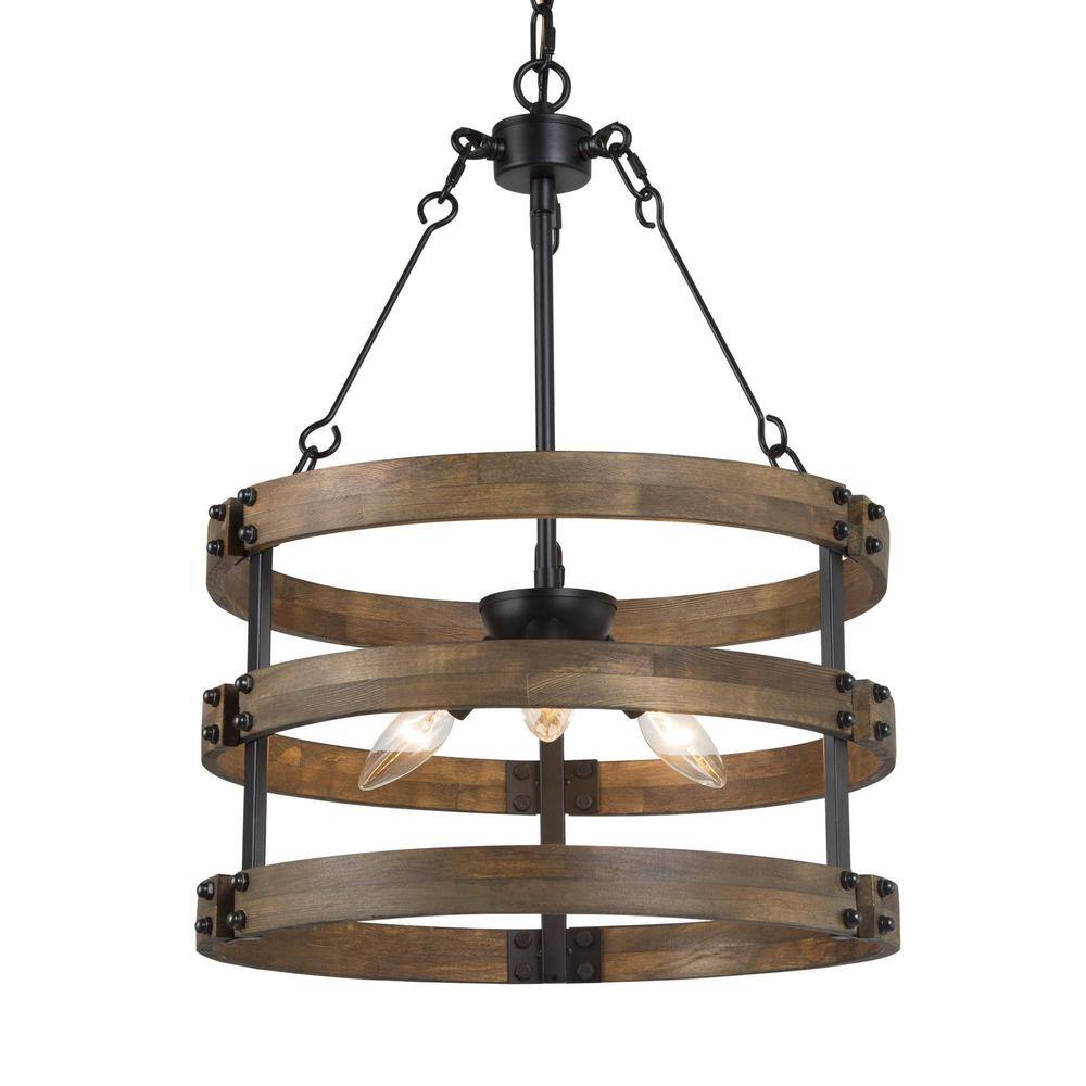 Rustic 3-Light Black Wood Drum Cage Chandelier for Kitchen with No Bulb Inc