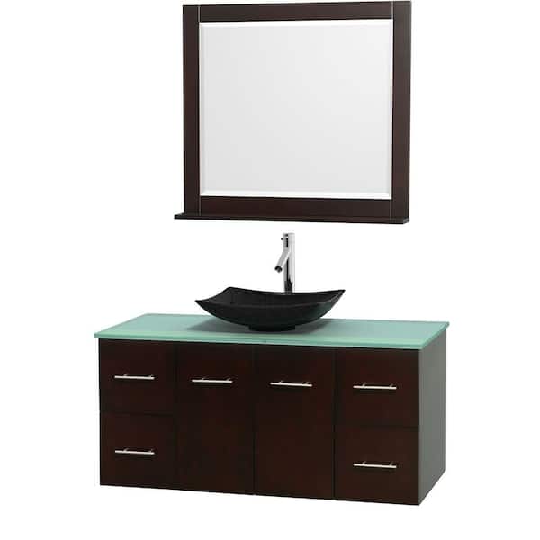Wyndham Collection Centra 48 in. Vanity in Espresso with Glass Vanity Top in Green, Black Granite Sink and 36 in. Mirror