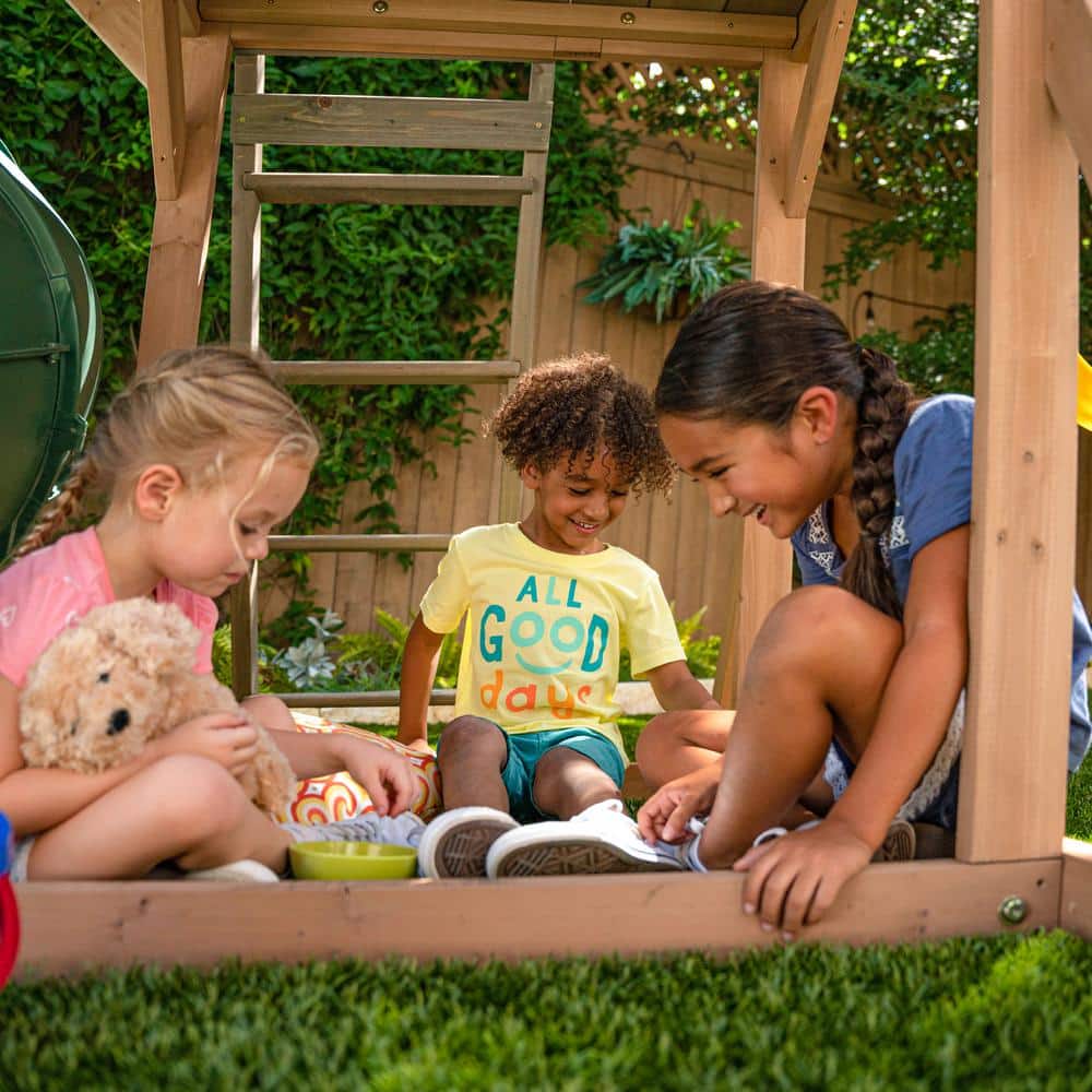 Skyway Resort Wooden Outdoor Swing Set with Slides and Playhouse
