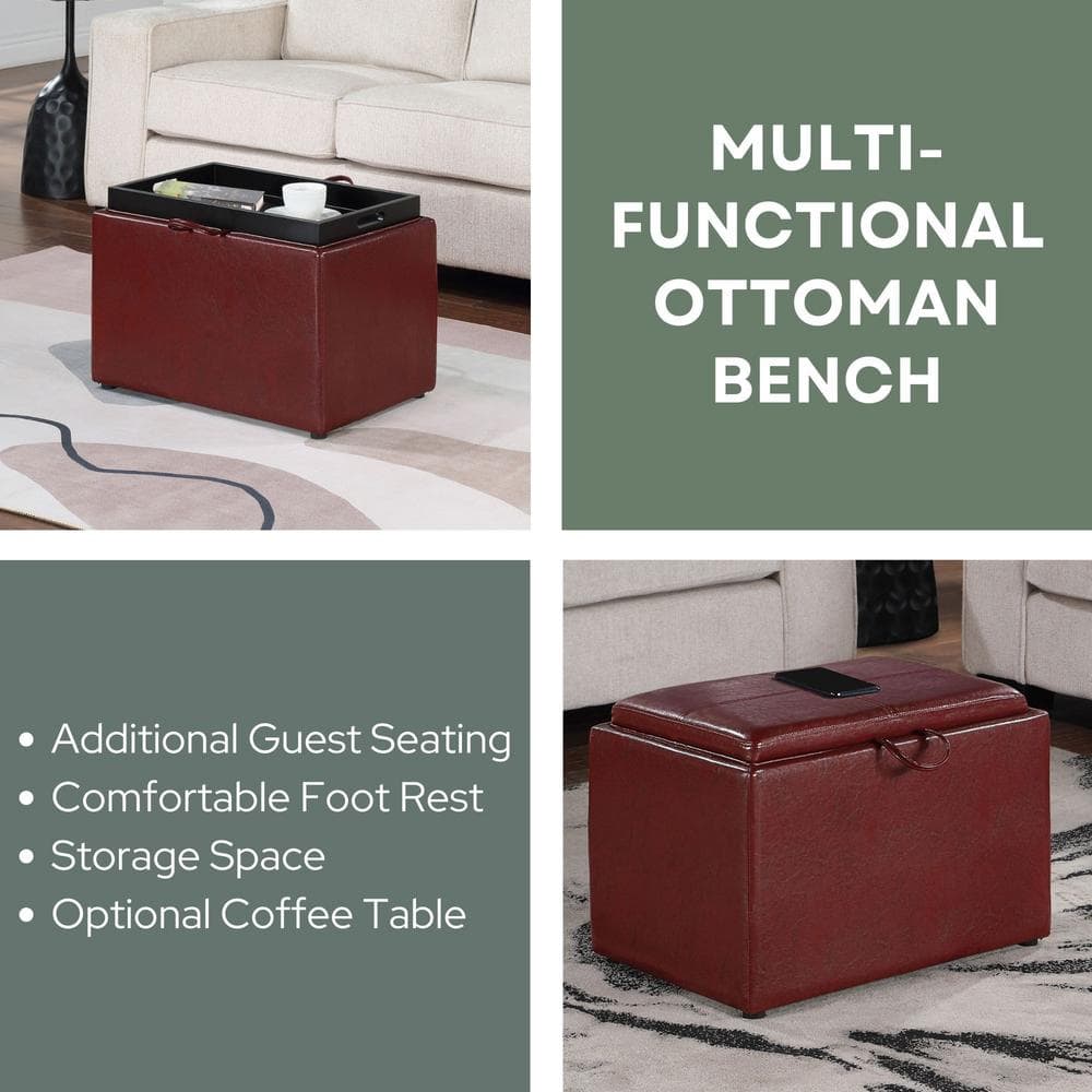 Burgundy Faux Leather 23" Modern Storage Ottoman with Tray