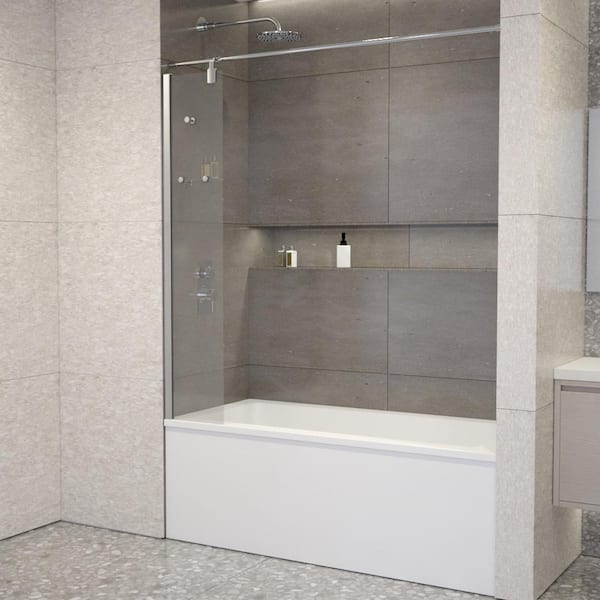 Poseidon 60 in. W x 59 in. H Fixed Frameless Splash Panel and Curtain Rod  Tub Door in Chrome with Clear Glass and Shelf