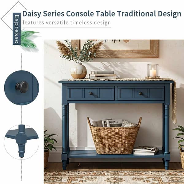 Polibi 35.50 in. Dark Navy Rectangle Solid Wood Console Table with