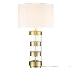 Tess 24.7 in. Brushed Brass/White Table Lamp with Fabric Shade
