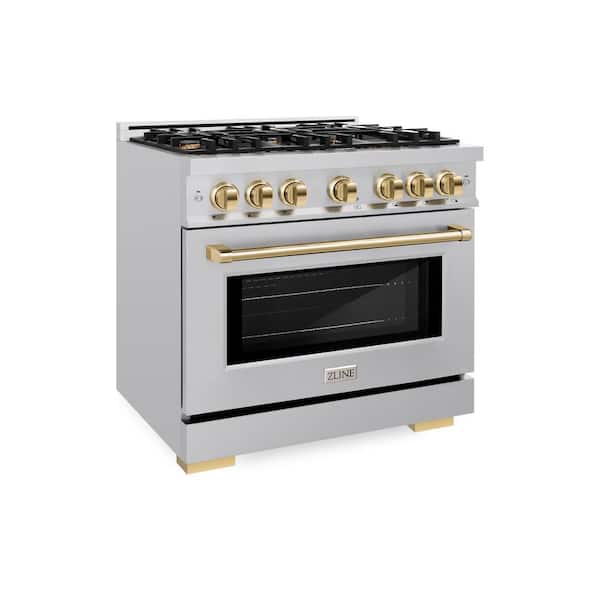 Select 36 in. 6-Burner Gas Range with Gas Convection Oven in Stainless Steel and Polished Gold