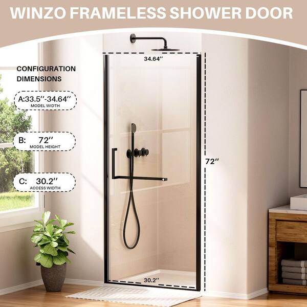 Yingze 34 in. W x 72 in. H Pivot Frameless Shower Door in Matte